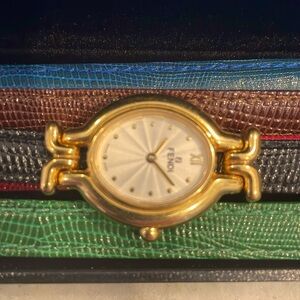 Fendi 640L Gold Tone Watch with Five Multicolor Straps and Box